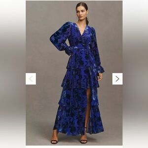 Hutch Bardot Long-Sleeve V-Neck Velvet Burnout Wrap Tiered Maxi Dress